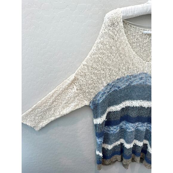 LAUREN VIDAL | Oversized Striped Lightweight Knit Sweater Cream & Blue | Large - Picture 3 of 8